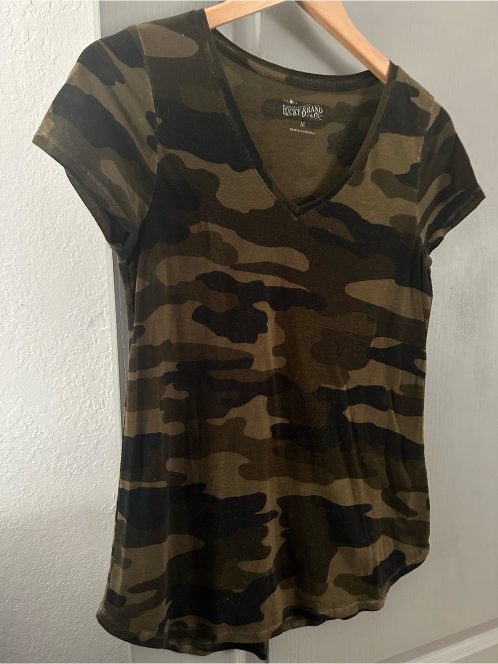 Lucky Brand Olive & Black Camo V‑Neck Tee